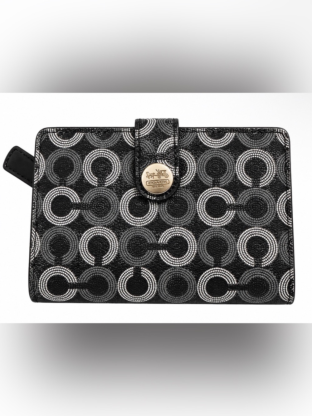 Coach Black Gray Op Art Signature Wallet Pink Interior Zip Pocket